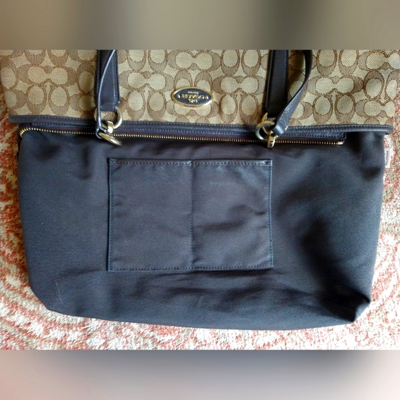 AUTHENTIC COACH SIGNATURE JACQUARD HANDBAG TAN & BROWN LEATHER TRIM MED SATCHEL - Picture 6 of 10